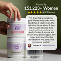 GleeFull review banner on dark olive green: 'Trusted By 152,223+ Women, 4.8/5.0 stars'. Quote from Linda M., 48: brain fog completely gone, body looks more toned in years, hydration hit within 2 days, by week 3 thinking clearly, down 8 pounds, skin looks bouncy. Hormonelyte and Meno Creatine jars shown at left.