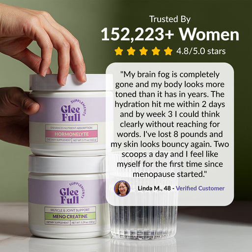 GleeFull review banner on dark olive green: 'Trusted By 152,223+ Women, 4.8/5.0 stars'. Quote from Linda M., 48: brain fog completely gone, body looks more toned in years, hydration hit within 2 days, by week 3 thinking clearly, down 8 pounds, skin looks bouncy. Hormonelyte and Meno Creatine jars shown at left.