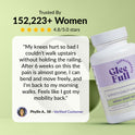 GleeFull review banner on green: 'Trusted By 152,223+ Women, 4.8/5.0 stars'. Quote from Phyllis A., 58: knees hurt so badly she couldn't climb stairs without the railing, after six weeks pain is almost gone, she can bend and move freely and is back to morning walks. White bottle shown at right.