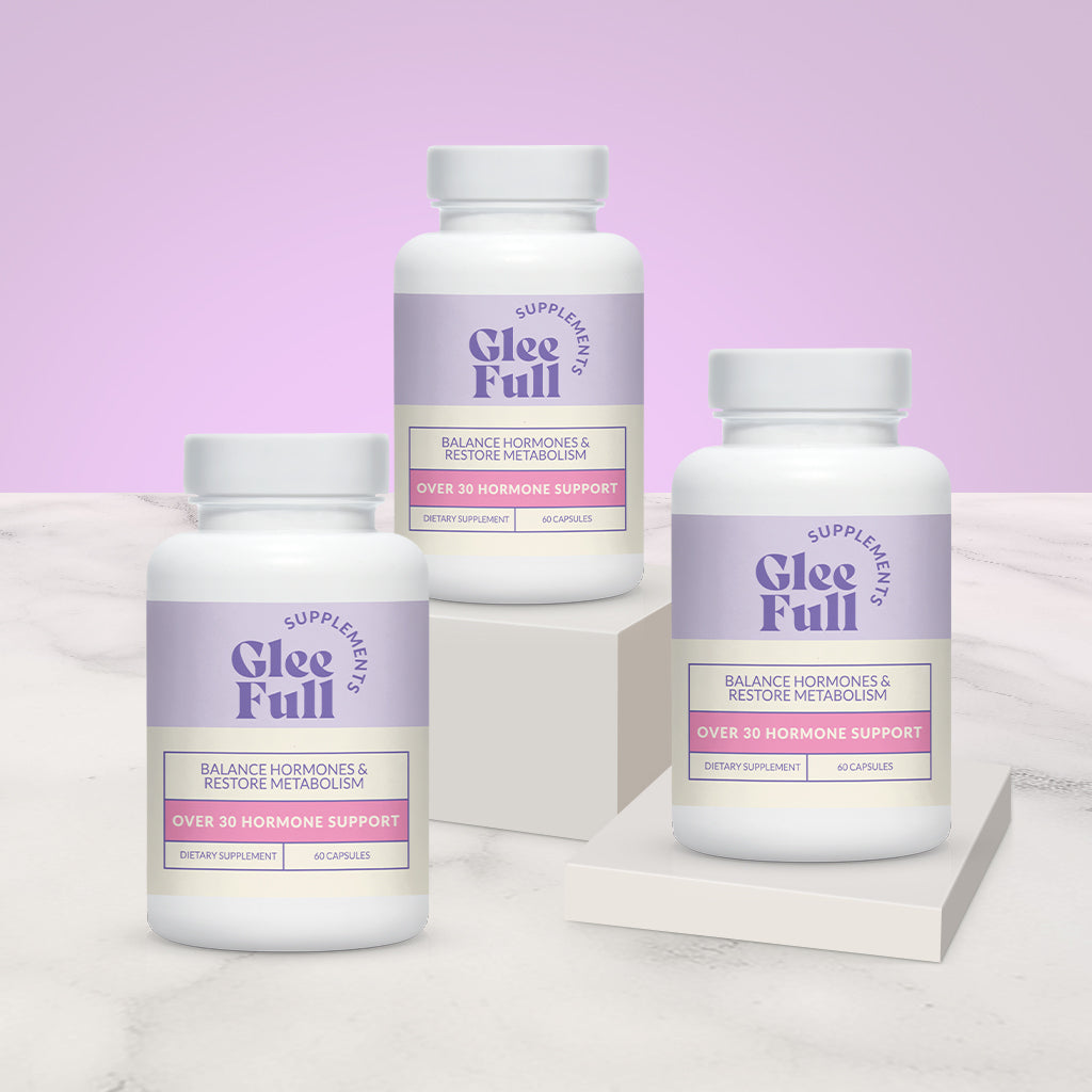 Three bottles of GleeFull Over 30 Hormone Support on a light purple background