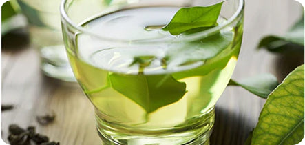 Glass of green tea with tea leaves on a wooden surface