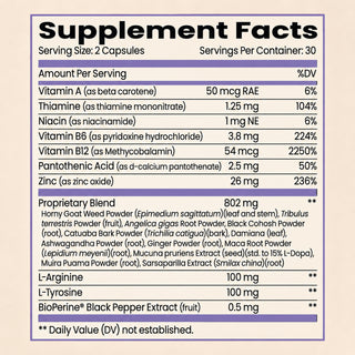 A Supplement Facts label showing a serving size of 2 capsules and 30 servings per container. It lists daily values for Vitamin A, Thiamine, Niacin, Vitamin B6, Vitamin B12, Pantothenic Acid, and Zinc. It also features an 802 mg Proprietary Blend containing herbal ingredients like Horny Goat Weed, Tribulus terrestris, and Ashwagandha, alongside 100 mg of L-Arginine, 100 mg of L-Tyrosine, and 0.5 mg of BioPerine Black Pepper Extract.