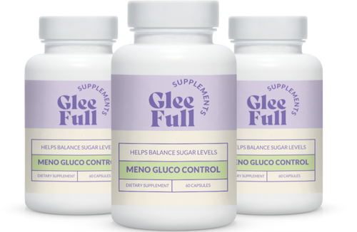 Three white Gleefull Supplements Meno Gluco Control bottles arranged side by side, with the center bottle slightly forward. Each label reads 'Helps Balance Sugar Levels — Meno Gluco Control, Dietary Supplement, 60 Capsules.'